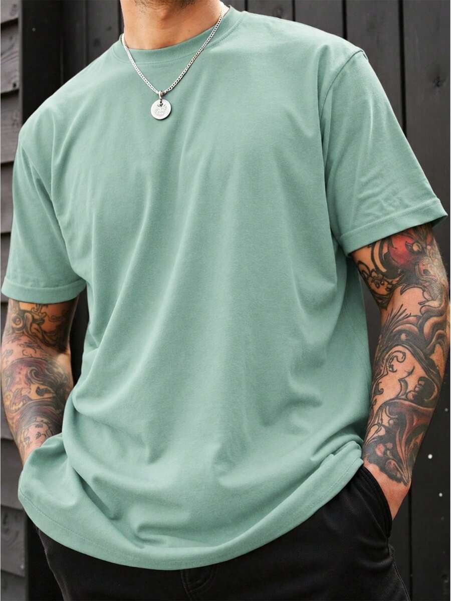Manfinity Homme Men's Solid Color Round Neck Short Sleeve Casual T-Shirt - Green - View 1