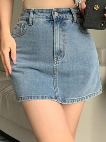 Dazy Tall 女款休閒牛仔迷你裙，附口袋與拉鍊，性感時尚夏季款，適合高個女性 - 中等水洗藍 - 查看 3