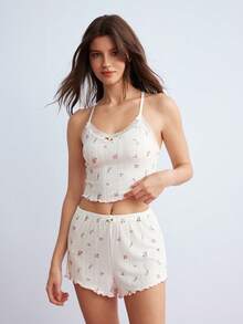 Elorette Romantic-Flora White Jacquard Sleeveless Pajama Set With Floral Print And Spaghetti Straps For Women Summer Two Pieces Set 2 Pieces Short Sets Woman Floral Two Pieces Set Summer Pajamas Set Women Lounge Set  Cozy And Elegant Details - White - View 5