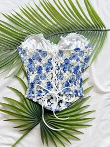 Soleia 女款度假春夏季浪漫雛菊刺繡紋理印花3D花卉裝飾抹胸上衣，休閒約會情人節下午茶海灘郵輪公路旅行城市度假音樂節派對波希米亞波西米亞嬉皮西式風格，內搭/外穿，四季日常通勤 - 藏蓝色 - 查看 2