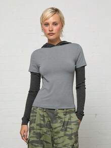 COUREZ Top ajusté à capuche superposé/Vêtements d'été Y2K Tenue d'été pour femmes Tenues de sortie Hauts d'été Hauts de sortie Hauts mignons Hauts pour femmes - Gris foncé - Voir 6