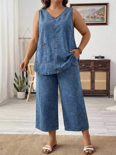 SHEIN CURVE+ 大码女式无袖牛仔套装，休闲日常及夏季街头风女装套装