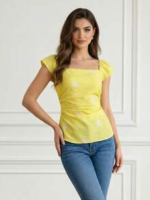 Modelyn Fashionable New Casual Elegant Pastel Yellow Summer Blouse For Women Vacation - Light Yellow - View 4