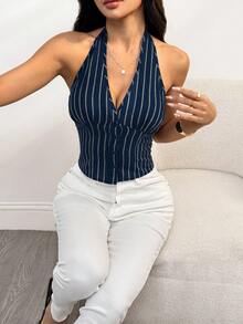 SHEIN PETITE 女款純棉海軍藍立領單排扣背心薄款西裝外套，適合夏季辦公商務休閒，小碼女款 - 藏蓝色 - 查看 11