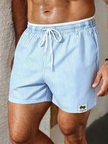 Palasendo Men's Striped Drawstring Waist Beach Shorts For Vacation - Baby Blue - View 4