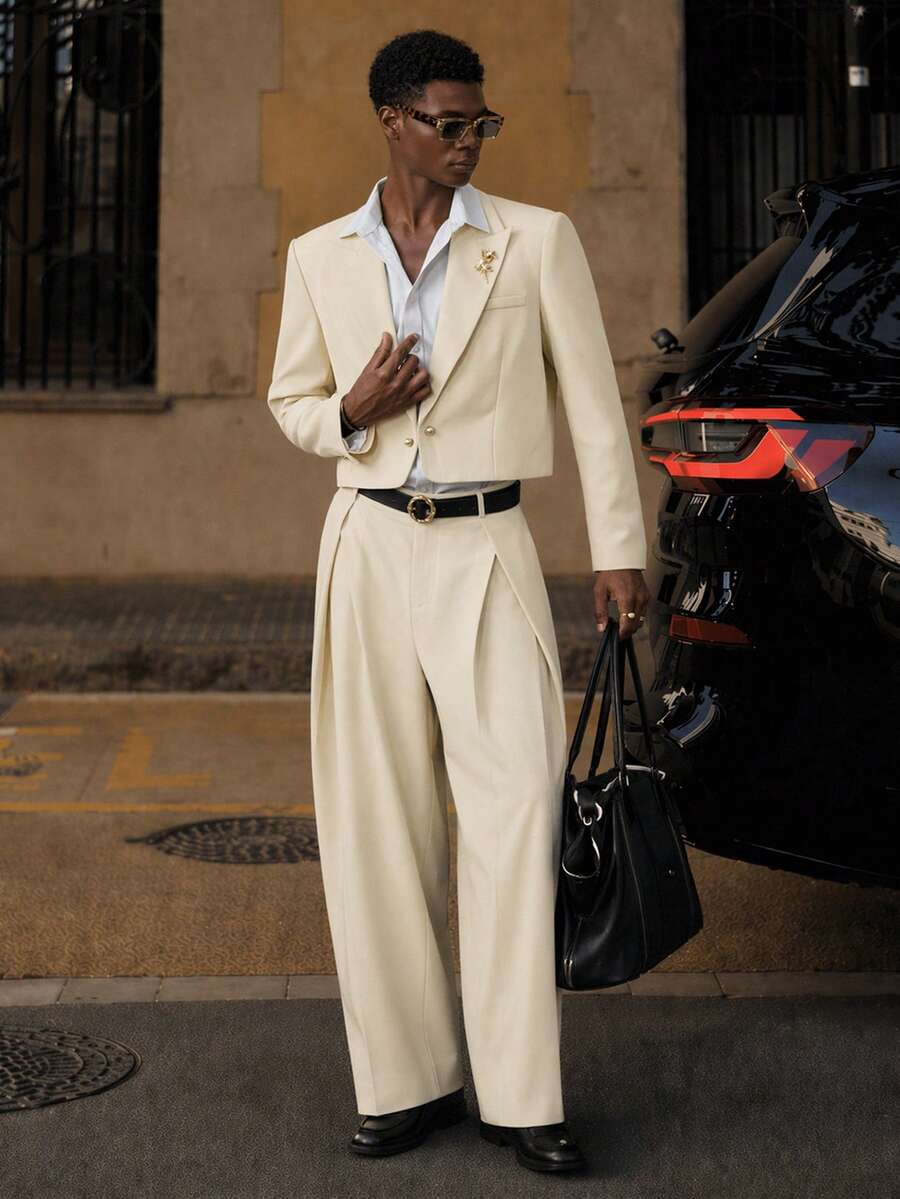 AKNOTIC Men's Solid Color Double-Breasted Long Sleeve Suit Jacket And Pleated Suit Pants Set, Vacation, Father's Day Gifts - Beige - View 1