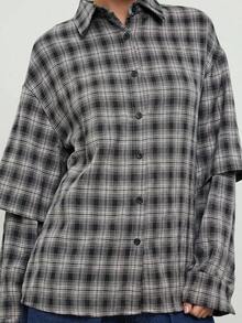 COUREZ 長袖寬鬆格紋雙層襯衫/Y2K Grunge街頭風女款秋季灰色格紋休閒外出穿搭日常穿搭 - 黑色 - 查看 6
