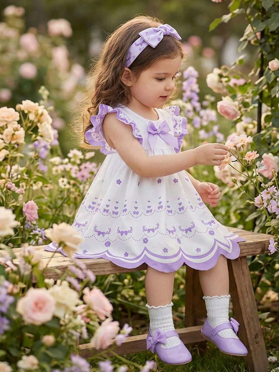 SHEIN Vintaside Kids 女婴白色布料圆领棕色缎面蝴蝶结荷叶边袖脚印爱心刺绣花朵连衣裙,清新甜美,轻盈夏季可爱女婴连衣裙 - 紫色 - 查看 1