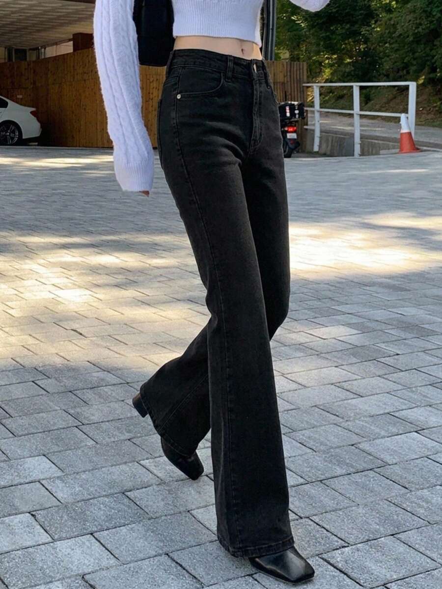 DAZY Women's High Waist Pocket Flare Casual Versatile Jeans - Black - View 1