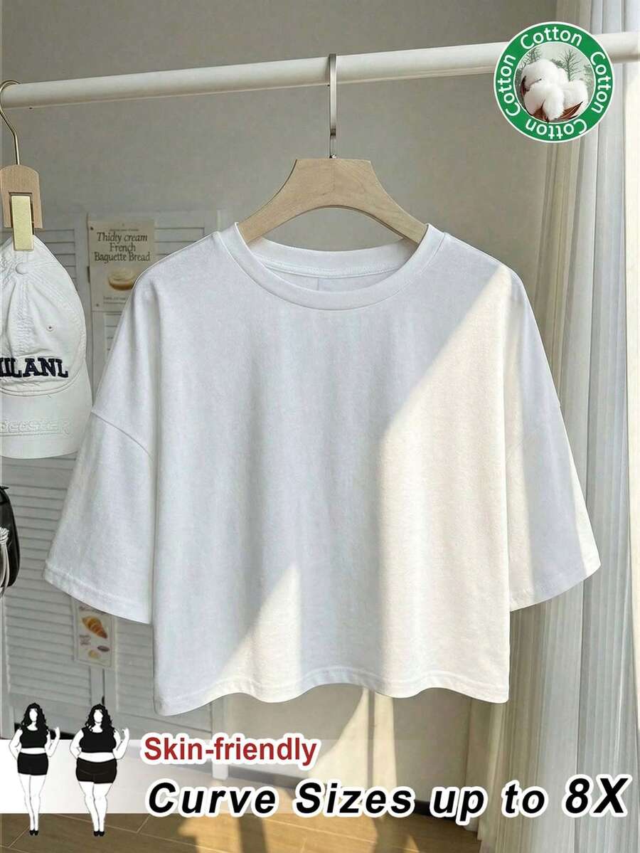 SHEIN CURVE+ 大尺碼女款素色圓領休閒百搭日常出遊T恤 - 白色 - 查看 1
