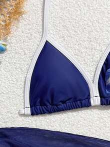 SHEIN Girls' (Big) Swimsuit Set Navy Blue Color Block High Elasticity Skin-Friendly Fabric 2-Piece Halter Neck 3-Piece Set Nautical Tropical Beach - Multicolor - View 3