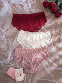 DesireSculpt Women's Lace Patchwork Bow Knot Comfortable Triangle Panties 3pcs Set - Multicolor - View 2