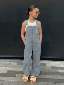 DAZY Loose Striped Denim Overalls For Young Girls Denim Overalls And Jumpsuits - Blue - View 3