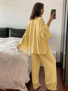 DAZY 3pcs Charming Lace Patchwork Lapel Camisole & Long Pants Women's Pajama Set - Yellow - View 2