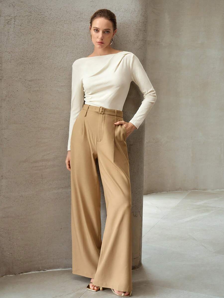 MOTF PREMIUM WOMEN'S KNITTED SILVER THREAD ASYMMETRIC PLEATED SLIM FIT VERSATILE BASE LAYER T-SHIRT TOP - Apricot - View 2