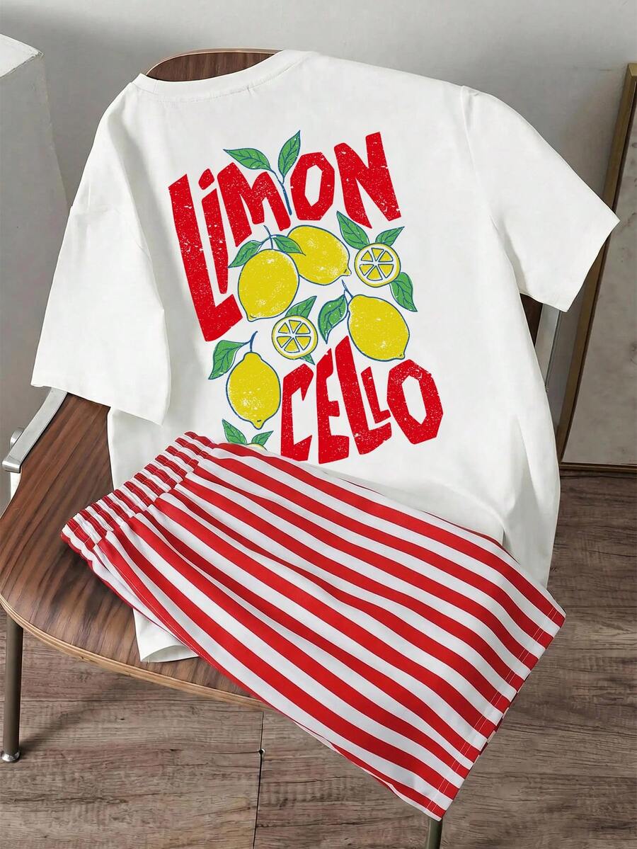 Manfinity Joysei Men's Fruit Pattern Short Sleeve Crew Neck T-Shirt And Striped Pattern Drawstring Waist Shorts Set - Red - View 1
