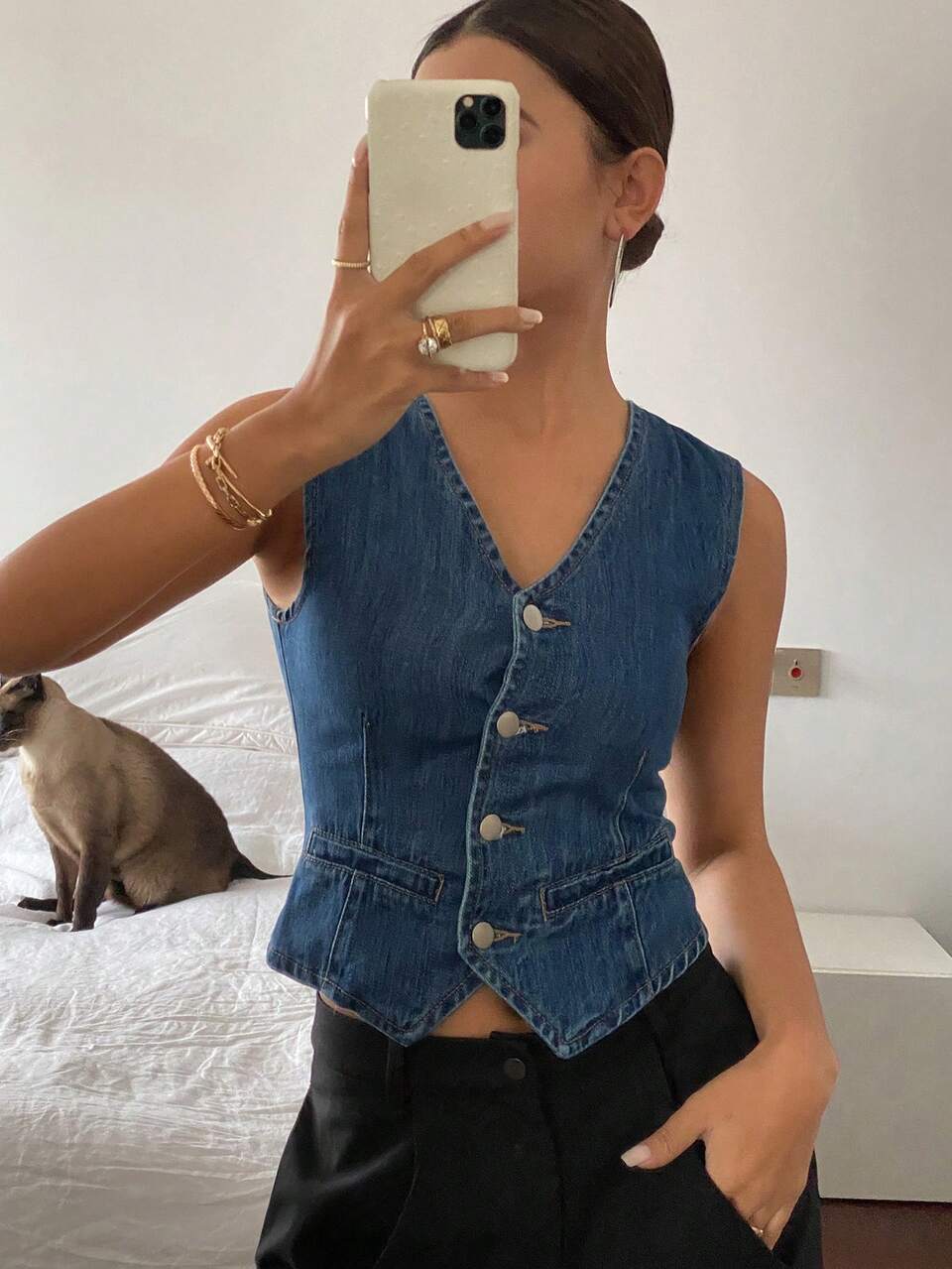 Tall Women's V-Neck Sleeveless Open Front Casual Denim Top Summer