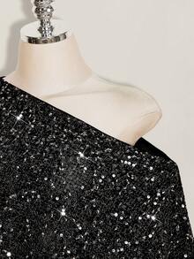 SHEIN ICON 女款單肩亮片休閒性感百搭上衣，適合日常、夜晚外出、派對、夜店、出遊，黑色夏季款 - 黑色 - 查看 4