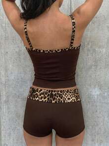 SHEIN EZwear Setelan 2 Potong Wanita: Atasan Tanpa Lengan dengan Tali Bahu Tipis dan Motif Leopard - Coklat - View 2