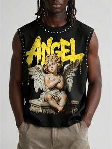 Manfinity EMRG 男款黑色無袖背心，哥德式天使雕塑印花 + 黃色「ANGEL」字母圖案鉚釘裝飾上衣，街頭風休閒無袖T恤，適合春夏季、音樂節、派對、外出及日常穿著 - 彩色 - 查看 2