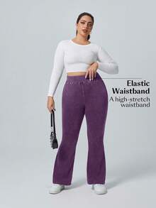 Flexra Plus Size Solid Color Elastic Waist Stretchy Knit Casual Wide Leg Flare Jeans - Purple - View 6