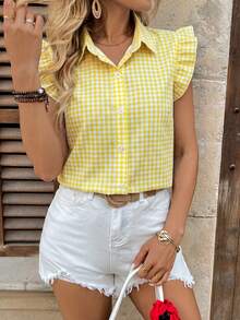 Breezaya Women's Spring/Summer Elegant Ruffle Flutter Sleeve Heart Print Blue & White Striped Fabric Cap Sleeve Blouse - Light Yellow - View 3