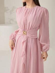 Solavon Vestido elegante de mujer talla grande con cuello redondo, mangas farol, patchwork y volantes - Rosa vieja - Ver 4