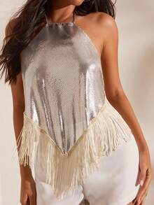 Opulessa Women's Metallic Texture Asymmetrical Hem Sexy Halter Top - Silver - View 1