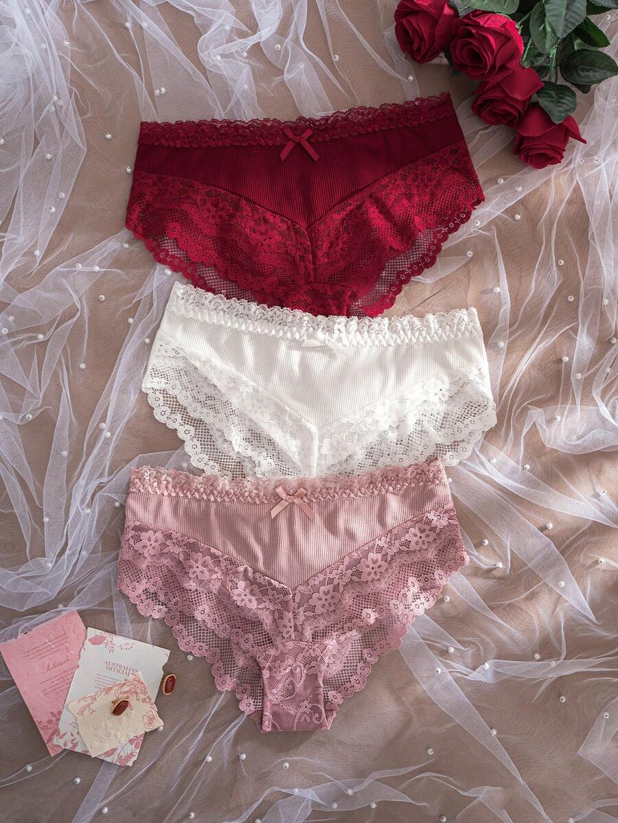 DesireSculpt Women's Lace Patchwork Bow Knot Comfortable Triangle Panties 3pcs Set - Multicolor - View 1