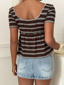 CovetEZ Brown Striped Casual Cute 90s Themed Women's Square Neck Short Sleeve Button Design T-Shirt Everyday Date Everyday Summer Travel Holiday - Brown - View 6
