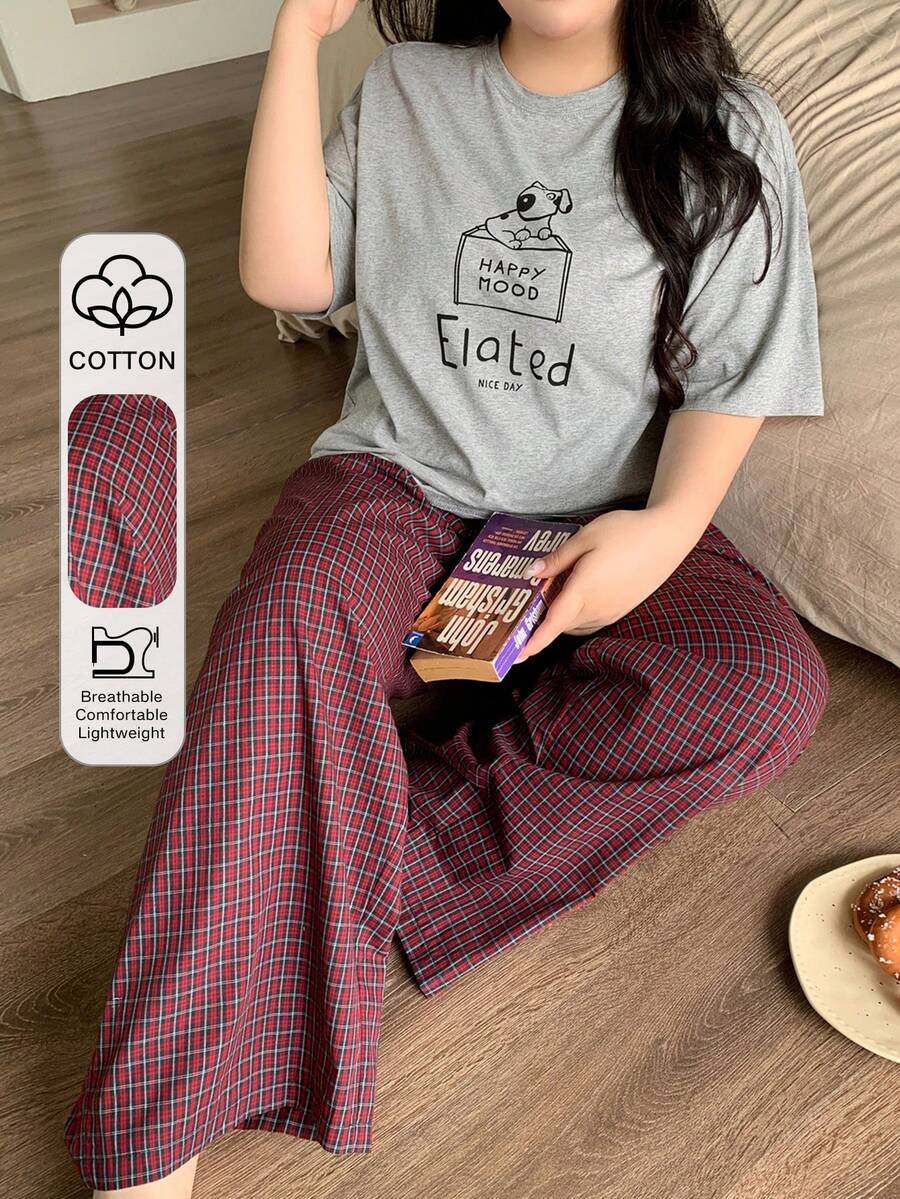 Dazy Plus Bộ áo thun in hình chữ cái và quần pajama rộng kẻ caro, đồ ngủ mùa xuân/hè dành cho nữ cỡ lớn. - Xám - Xem 1