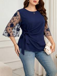 SHEIN Clasi Plus Size Women's Patchwork 3D Flower Decor Mesh Flare Sleeve Fashion Blouse Fall - Blue - View 4