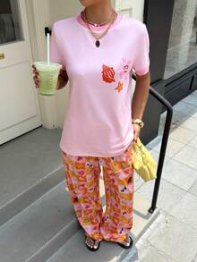 Muchica Paul Frank X SHEIN 2件組休閒度假卡通印花圓領短袖T恤與長褲套裝，適合日常通勤、約會、聚會，適用於秋冬春夏、聖誕節、新年、感恩節、派對 - 彩色 - 查看 3