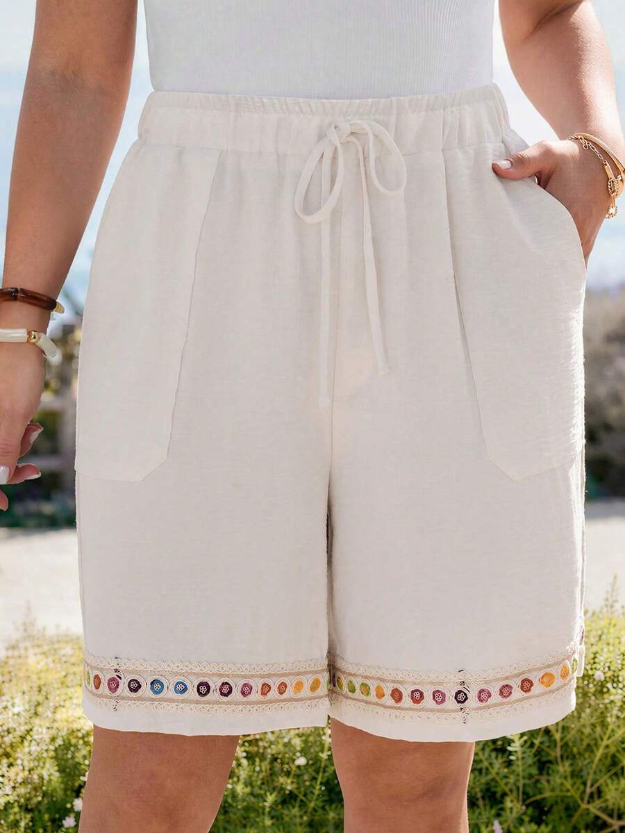 EMERY ROSE Plus Size Women's Summer Beige Sequin Lace Pocket Drawstring Waist Shorts,Boho Beach Holiday Casual Vacation Loose Bermuda Shorts,Spring Break Outfits - Multicolor - View 1
