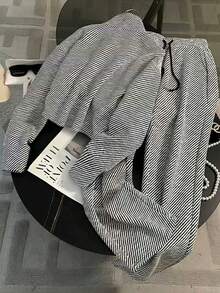 Franclia Plus Size Fitted Stand Collar Raglan Sleeve Cardigan + Slant Pocket Straight Leg Pants - Black and White - View 2