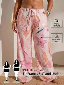 SHEIN PETITE CURVE 大码休闲假日海星贝壳印花裤 - 淺粉色 - 查看 3