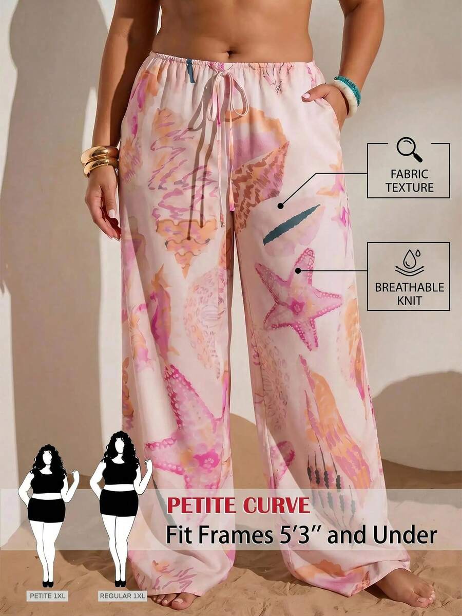 SHEIN PETITE CURVE 大码休闲假日海星贝壳印花裤 - 淺粉色 - 查看 1