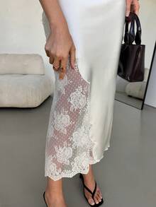 Lavishia 女款優雅浪漫杏色緞面與蕾絲拼接裙，適合派對、婚禮、度假 - 杏色 - 查看 8