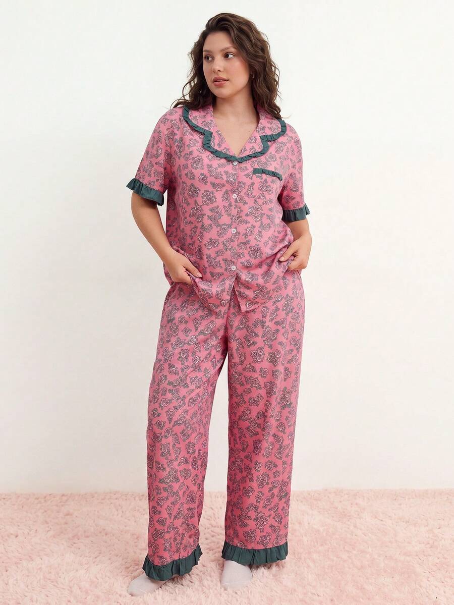 Elorette Plus Size Women's Floral Print PJS, Decorated With Ruffle Trim And Pockets, Suitable For Indoor And Outdoor Wear - Pink - View 1
