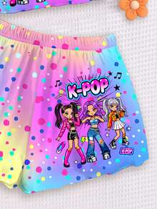 Young Girl Letter Cartoon Print Cami Top And Shorts Casual Daily Home Pajama Set - Multicolor - View 5