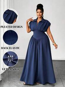 Maweii Charmantes elegantes Revershemd mit Plissee, einfarbiges taillenbetontes Große Größen Kleid, geeignet für lässig-elegante Alltagskleidung, tägliche Date-Kleidung, charmantes elegantes Kleid, Frühlings-/Sommerkleid - marineblau - Übersicht 1
