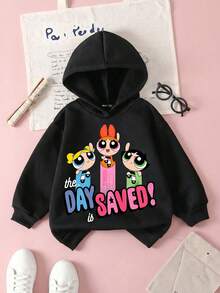 THE POWERPUFF GIRLS X SHEIN Moletom com Capuz de Manga Longa e Estampa Gráfica Casual para Menina, Adequado para Outono/Inverno - Preto - Visão 1