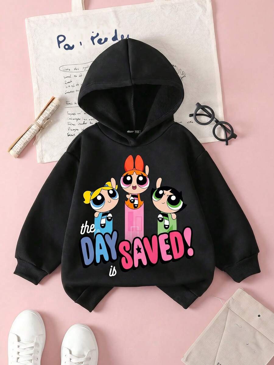 THE POWERPUFF GIRLS X SHEIN Moletom com Capuz de Manga Longa e Estampa Gráfica Casual para Menina, Adequado para Outono/Inverno - Preto - Visão 1