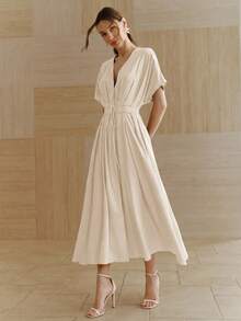 Anewsta Women's Elegant Deep V-Neck Batwing Sleeve Ruched Tie-Waist Linen Dress,White Summer French Tea Party Dress For Gathering & Vacation - Apricot - View 5