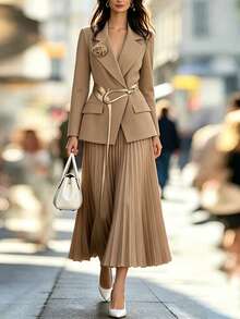 Franclia French Elegant Floral Applique Long Sleeve Blazer Jacket & A-Line Skirt Set, Autumn/Winter (Without Belt) - Khaki - View 8