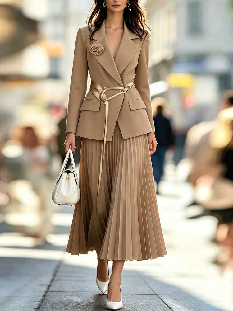 Franclia French Elegant Floral Applique Long Sleeve Blazer Jacket & A-Line Skirt Set, Autumn/Winter (Without Belt) - Khaki - View 8