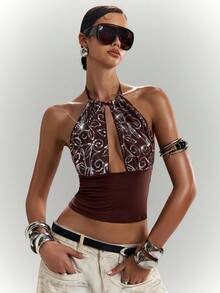 LYSMO Damen Neckholder-Top mit Pailletten, Blumenmuster und Cut-out-Design - Kaffeebraun - Übersicht 3