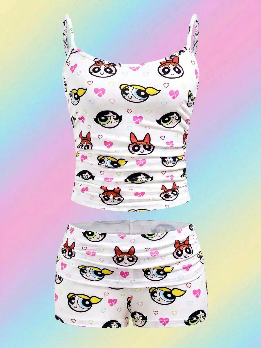 THE POWERPUFF GIRLS X SHEIN 女士服装、吊带背心和短裤睡衣套装、白色、毛茛、泡泡、花朵、PPG、卡通图案、全印花图案、心形图案、Y2K、音乐会服装、狂欢节服装、乡村音乐会服装、可爱、性感、休闲、2025 年春/夏 - 白色 - 查看 1