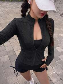 DAZY 女款純色彈性小立領修身長袖夾克，運動休閒，春秋校園風 - 黑色 - 查看 1