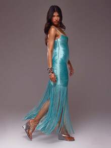 MUSERA Blue Extreme Tassel Maxi Dress - Blue - View 3